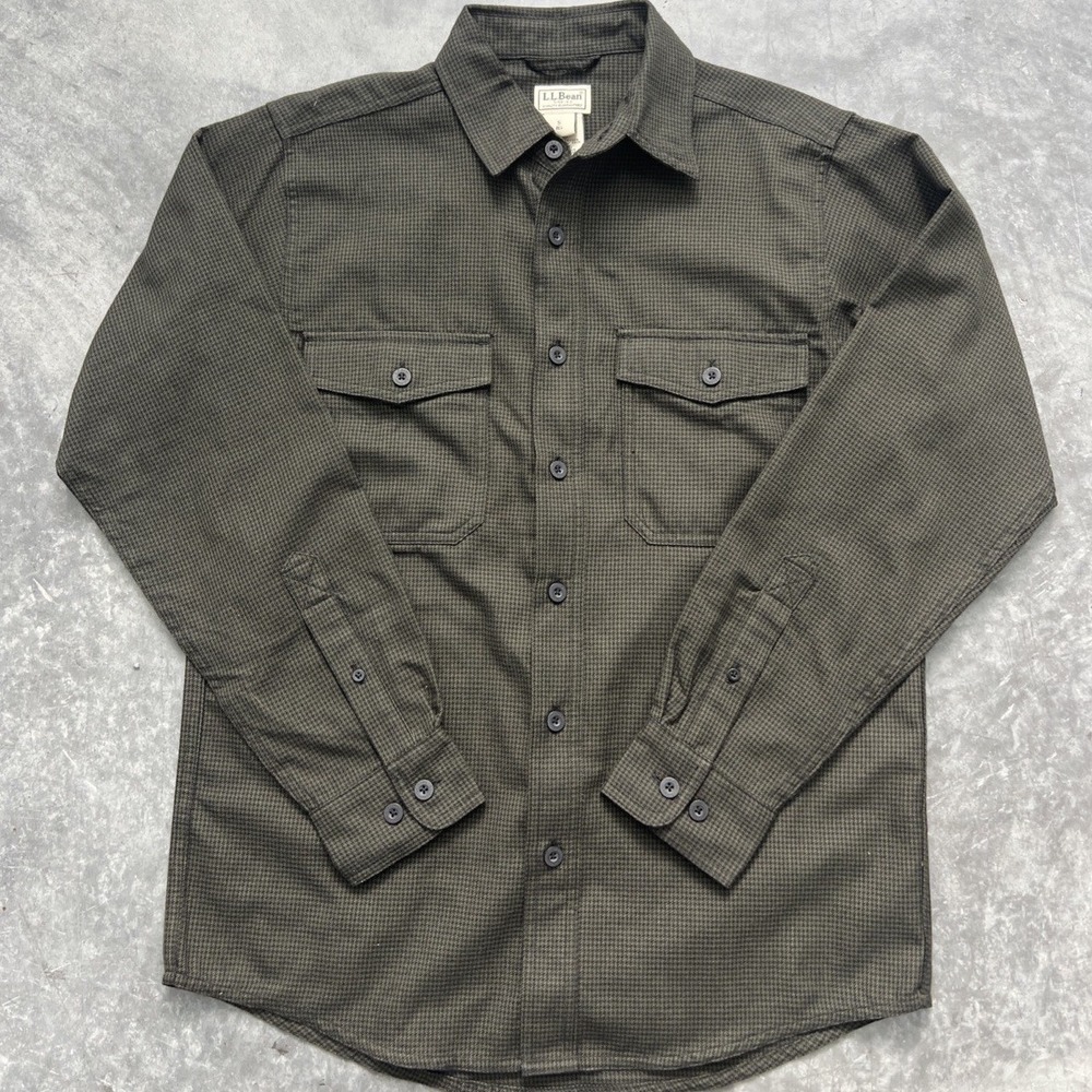 LL‎ Bean Mens Small Olive Green Houndstooth Long Sleeve Button Down Shirt 0GGY6